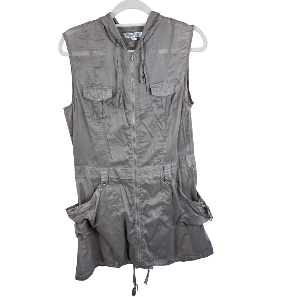Monoreno Womens Taupe Gray 100% Cotton Zip Up Hooded Utility Dress Sleeveless  L